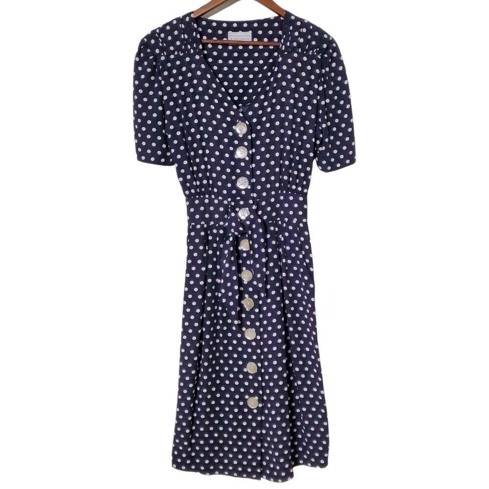 E.D. Michaels Melanie Drucker Navy Blue Polka Dot Dress Size 8 Button Up Womens